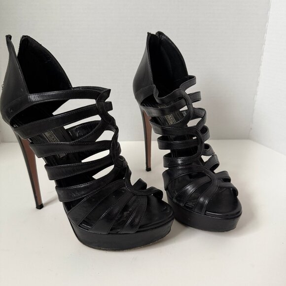 Prada Black Leather Strappy Platform Heels - Picture 2 of 7
